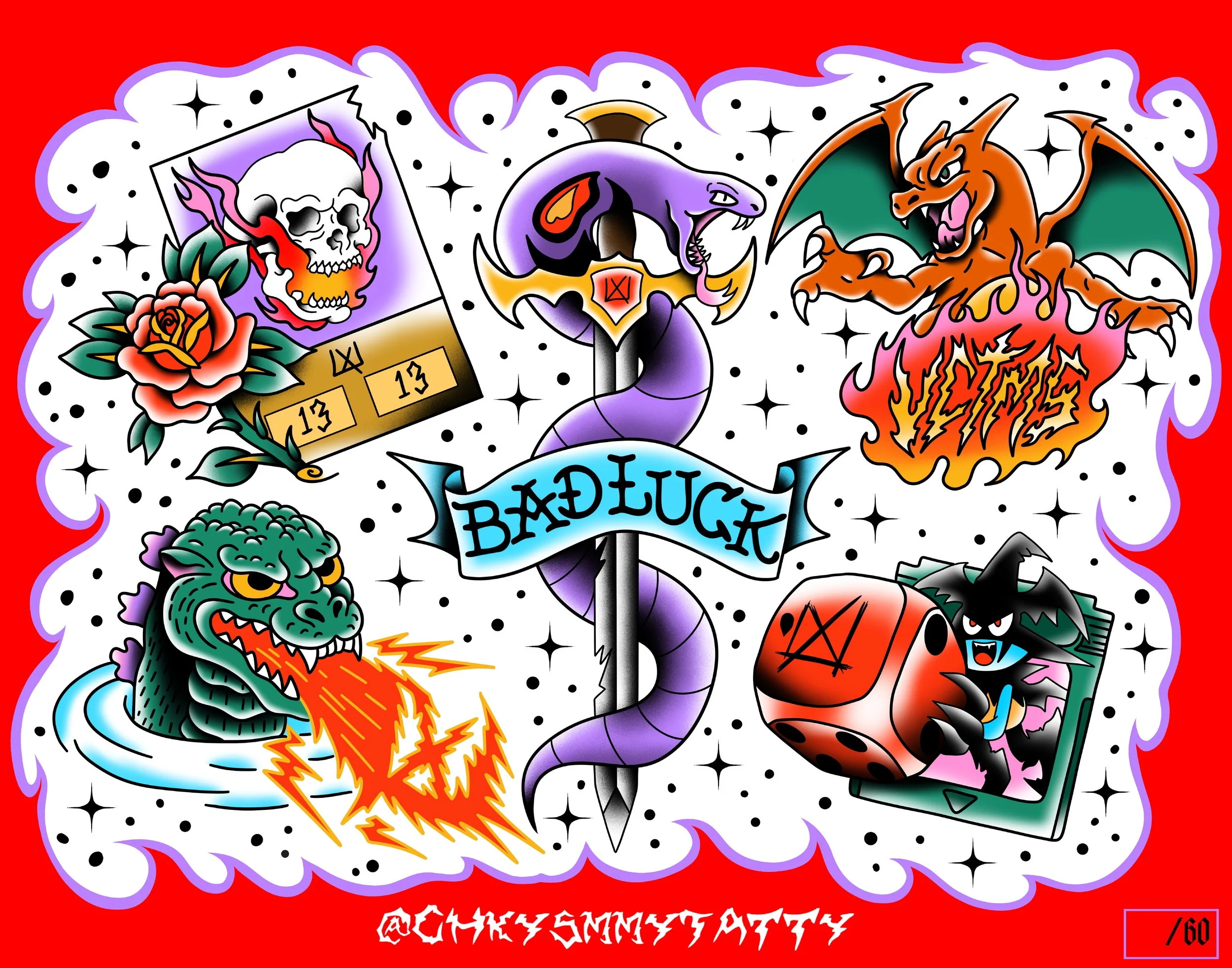 Colorful tattoo-style illustration featuring a skull with a flower, a snake, a dragon breathing fire, a demon, a die, and a banner with the word 'Badluck' on a red background.
