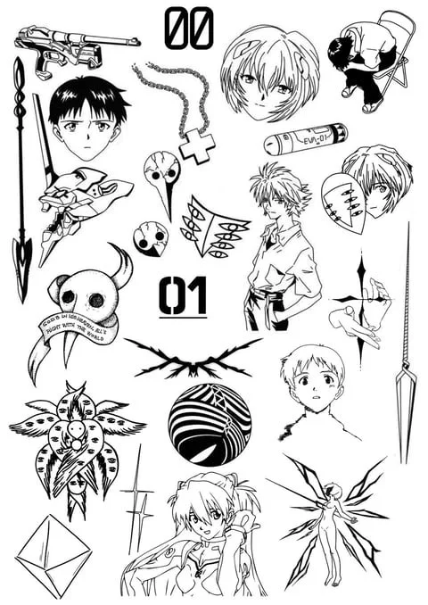 A collection of various sketches and illustrations, including characters, weapons, symbols, and abstract designs, all in black and white.
