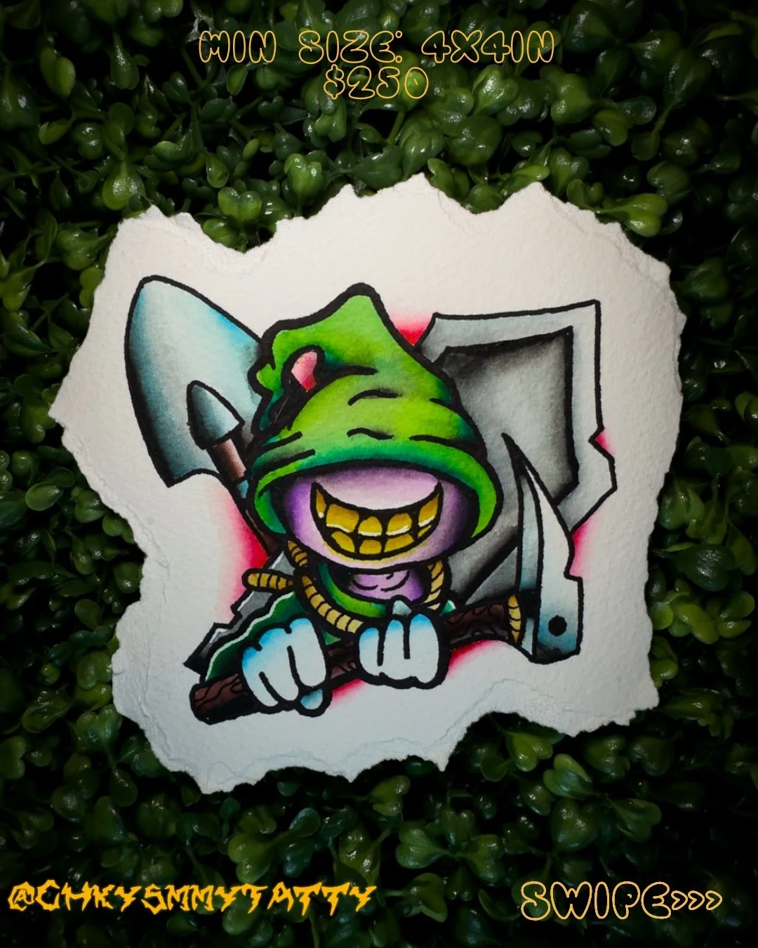 Colorful cartoon drawing of a smiling goblin with a green head, sharp teeth, and a purple tongue, holding a sword and shield, on torn paper surrounded by green foliage.