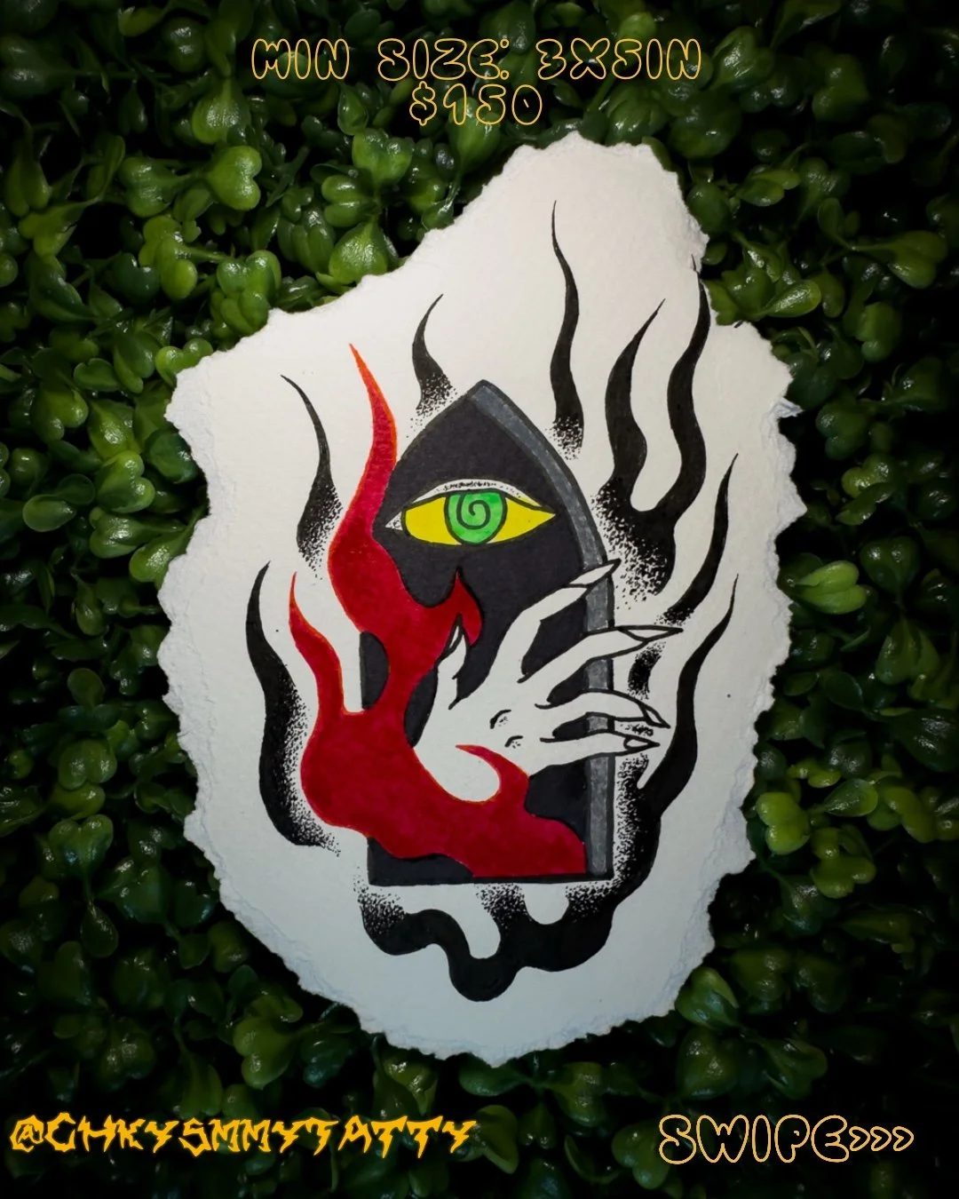 A hand-drawn illustration of a creature with a black hooded figure with a single yellow eye, surrounded by flames and smoke, holding a cigarette, with text in an unknown script at the top and bottom, on torn paper against a backdrop of green leaves.