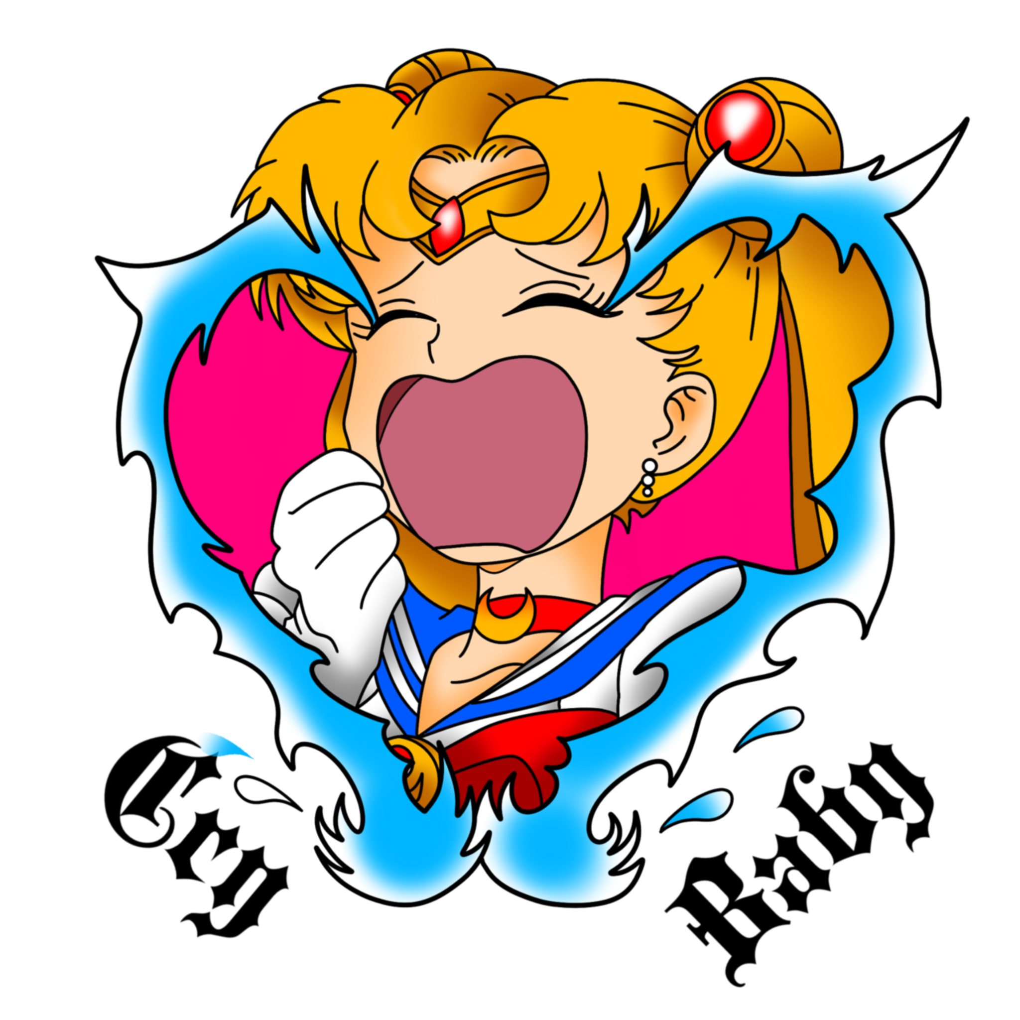 A cartoon illustration of Sailor Moon with her mouth wide open, tears streaming down her face, and her hand clenched in a fist. The words 'Cry Baby' are written in a gothic font below her.