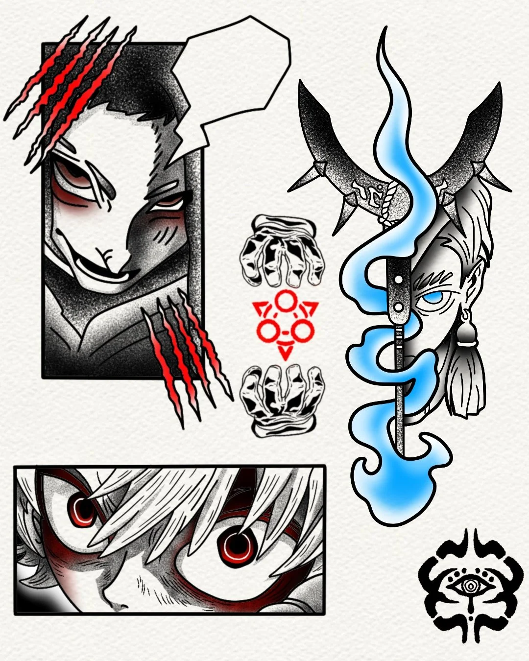 Anime-style illustration featuring two characters, one with demonic black and red design and the other with a blue flame staff, surrounded by mystical symbols, claws, and an eye symbol in the corner.