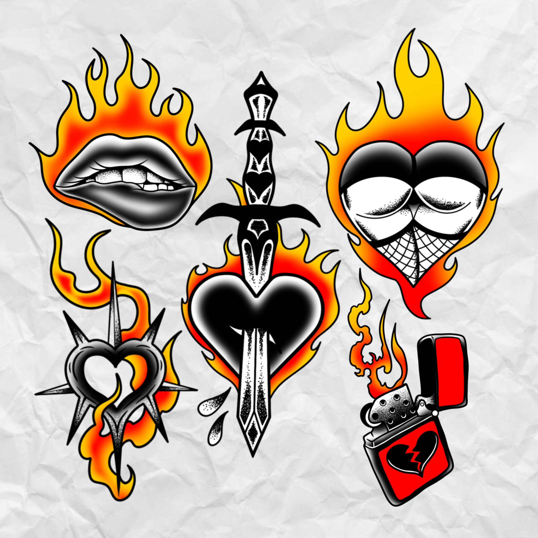 Collection of five tattoo-style images featuring hearts and flames, including a lip with tongue, a heart with a sword, a heart with surrounding spikes, a heart with a patterned pattern, and a lighter with a broken heart symbol.
