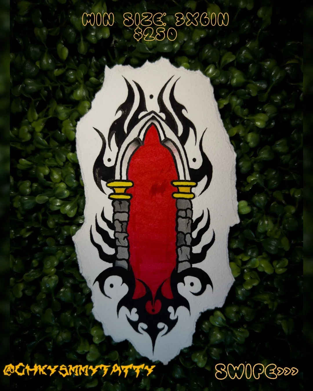 A tattoo design featuring a central red flame-like shape, surrounded by black tribal patterns, gray chains at the bottom, and yellow accents, set against a background of green leaves.