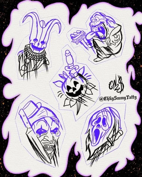 A collage of five Halloween-themed cartoon-style illustrations featuring creepy characters. Top left shows a purple horned demon head with a mischievous expression. Top right depicts a monstrous creature with sharp teeth and tentacles, screaming. Cen