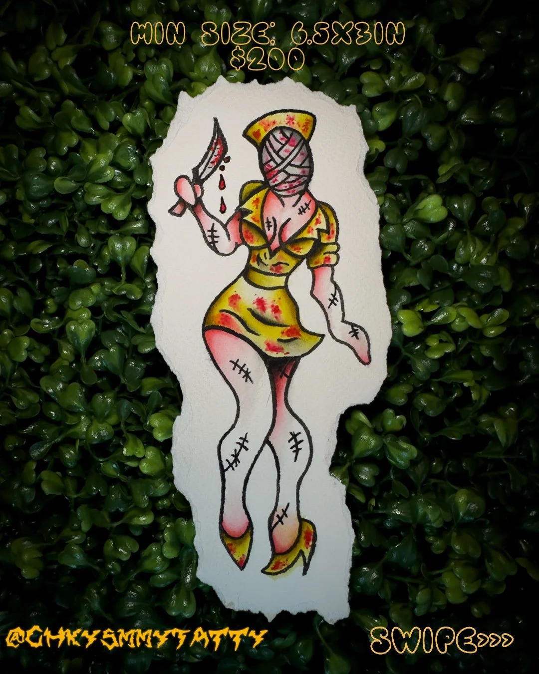 A colorful cartoon drawing of a woman with her face wrapped in bandages, wearing a yellow dress with red spots, holding a bloody knife, and standing among green leaves. The drawing includes text with stylized fonts at the top and bottom.
