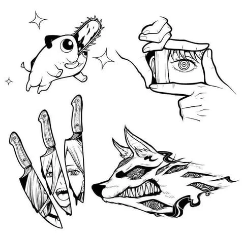 Illustration combining a cartoon pig with a fish, a hand holding an all-seeing eye, multiple kitchen knives with a person's face, and a stylized wolf with spiral eye patterns.