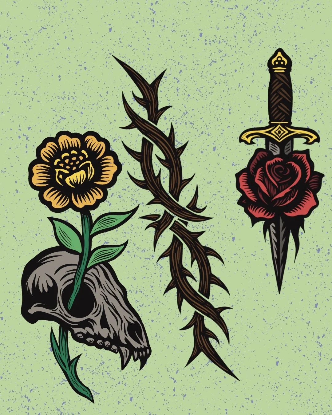 Tattoo flash design featuring a yellow and black flower growing out of a skull, a barbed thorny branch, and a dagger with a red rose and black handle.