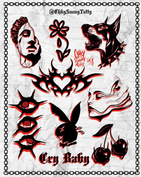 A collection of black and red tattoo-style artwork including a woman's face, a wolf, a flower with teardrops, a heart with tribal designs, a cartoon bunny, cherries, and text saying "Cey Baby".