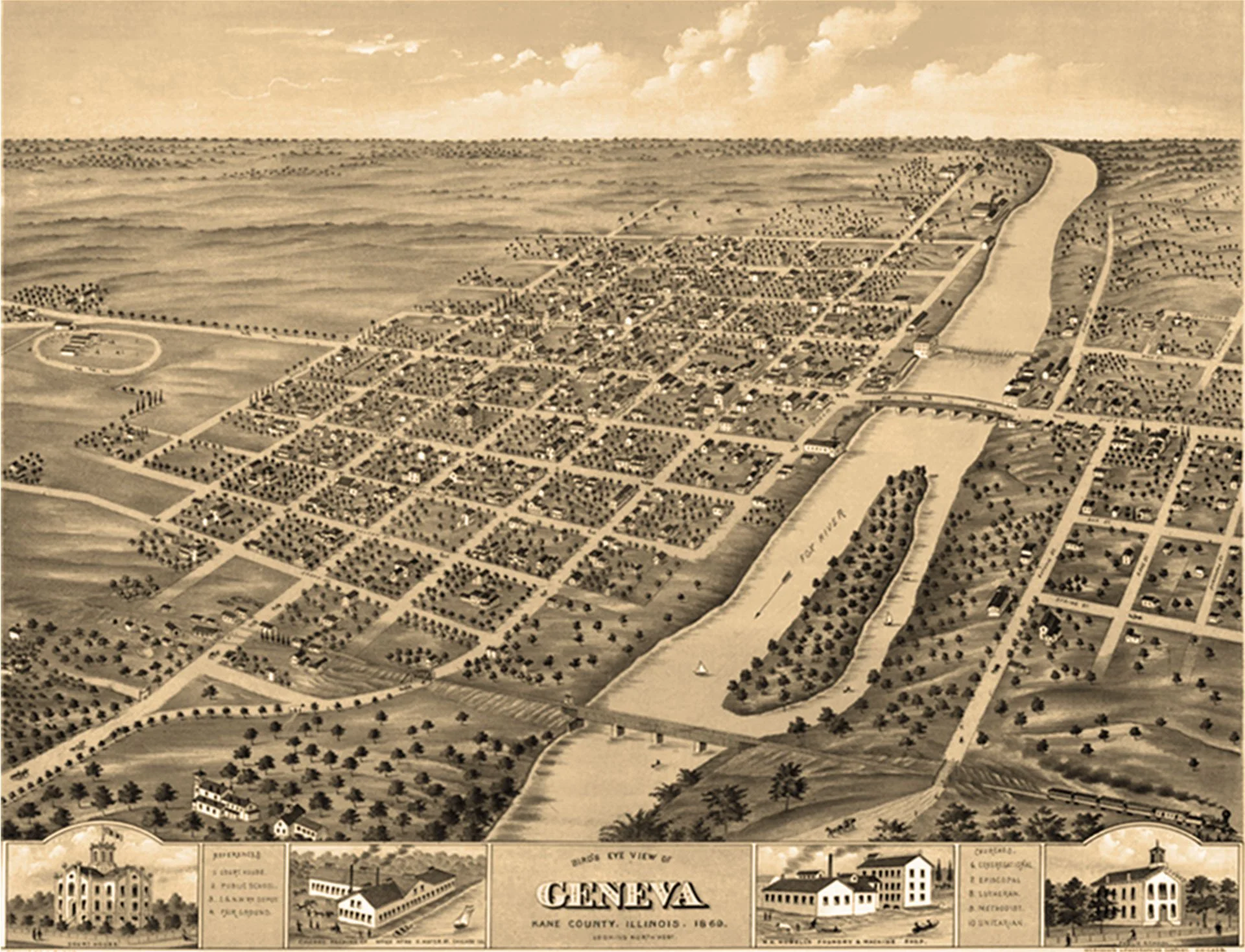 A vintage map of Geneva, Kane County, Illinois, from 1860, showing streets, buildings, and natural features with a river running through the city and surrounding landscape.