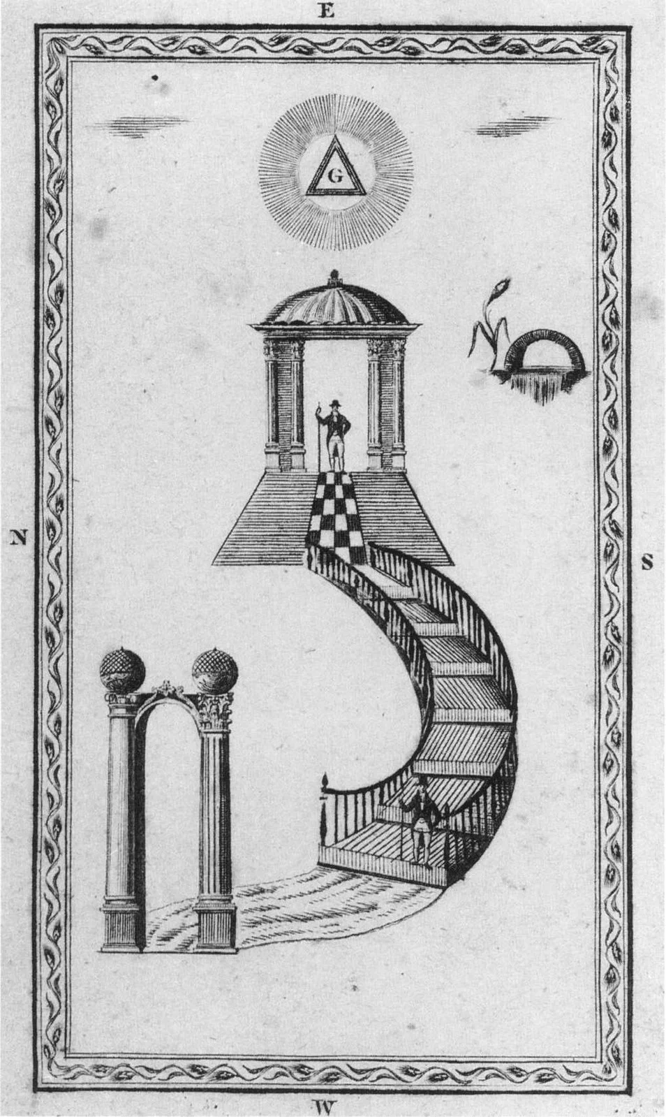 An illustration of a staircase forming the letter 'S' with a small structure at the top, a figure underneath, and various symbolic elements including an eye with a triangle, a sun, and an arch with a plant.