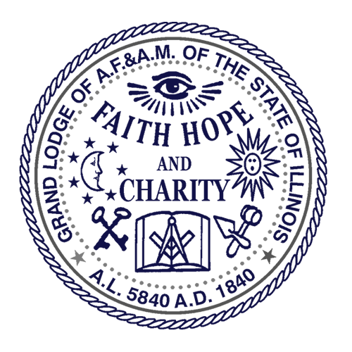 Seal of the city of Illinoist with a Bible, crescent moon and stars, sun, crossed keys, and eye with rays, text reads 'Faith, Hope, and Charity', and 'A.D. 5840'.
