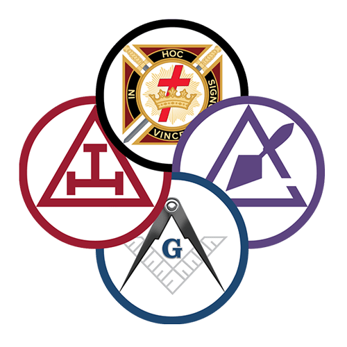 Four circular emblems representing various organizations or groups, featuring symbols and colors such as red, gold, purple, and blue.