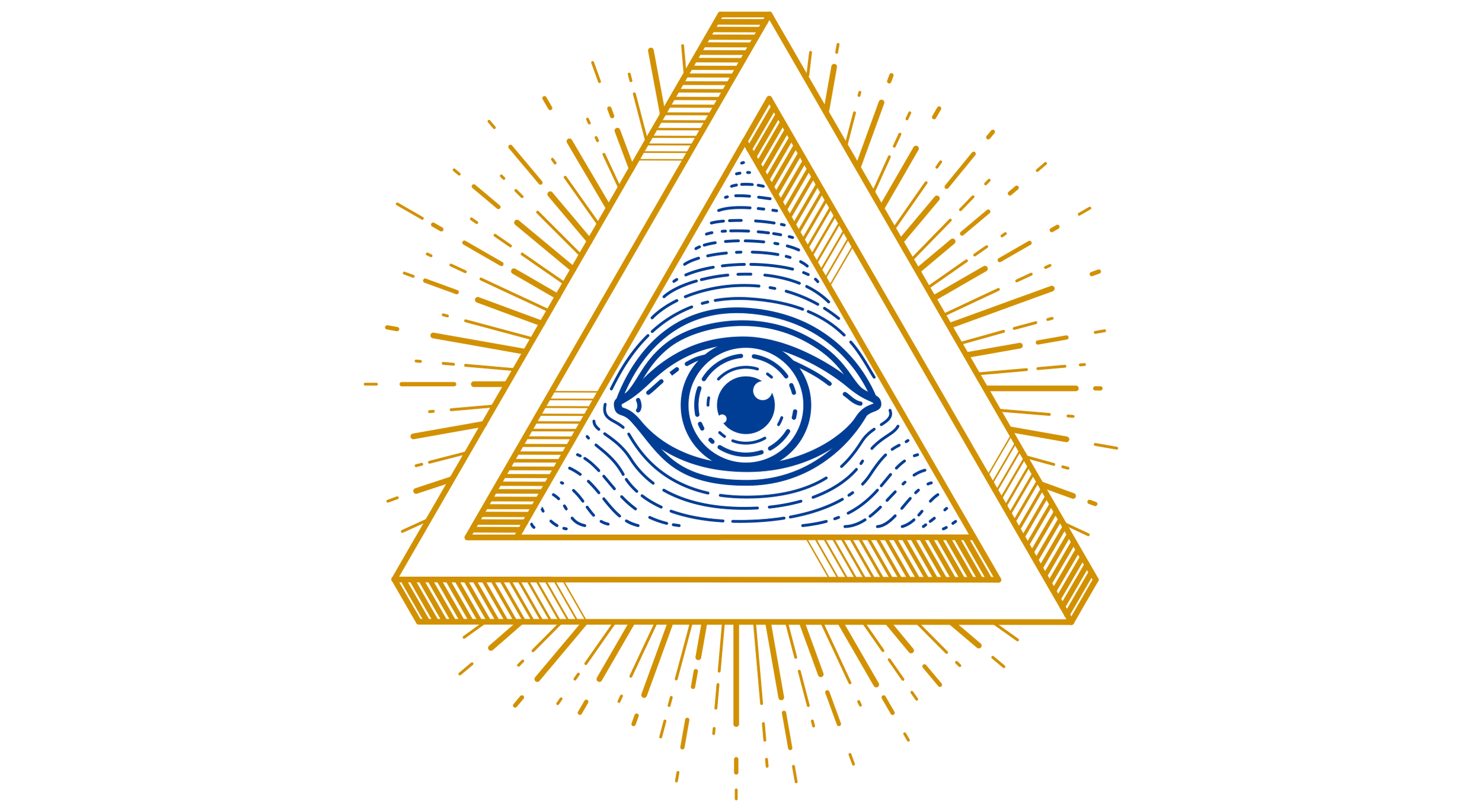 Stylized illustration of an eye inside a triangle with ornate gold and blue lines, radiating lines extending outward.