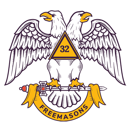 Illustration of a double-headed eagle with spread wings holding a sword in its claws, with a ribbon banner beneath reading 'Freemasons', and a triangle with the number 32 on the eagle's chest.