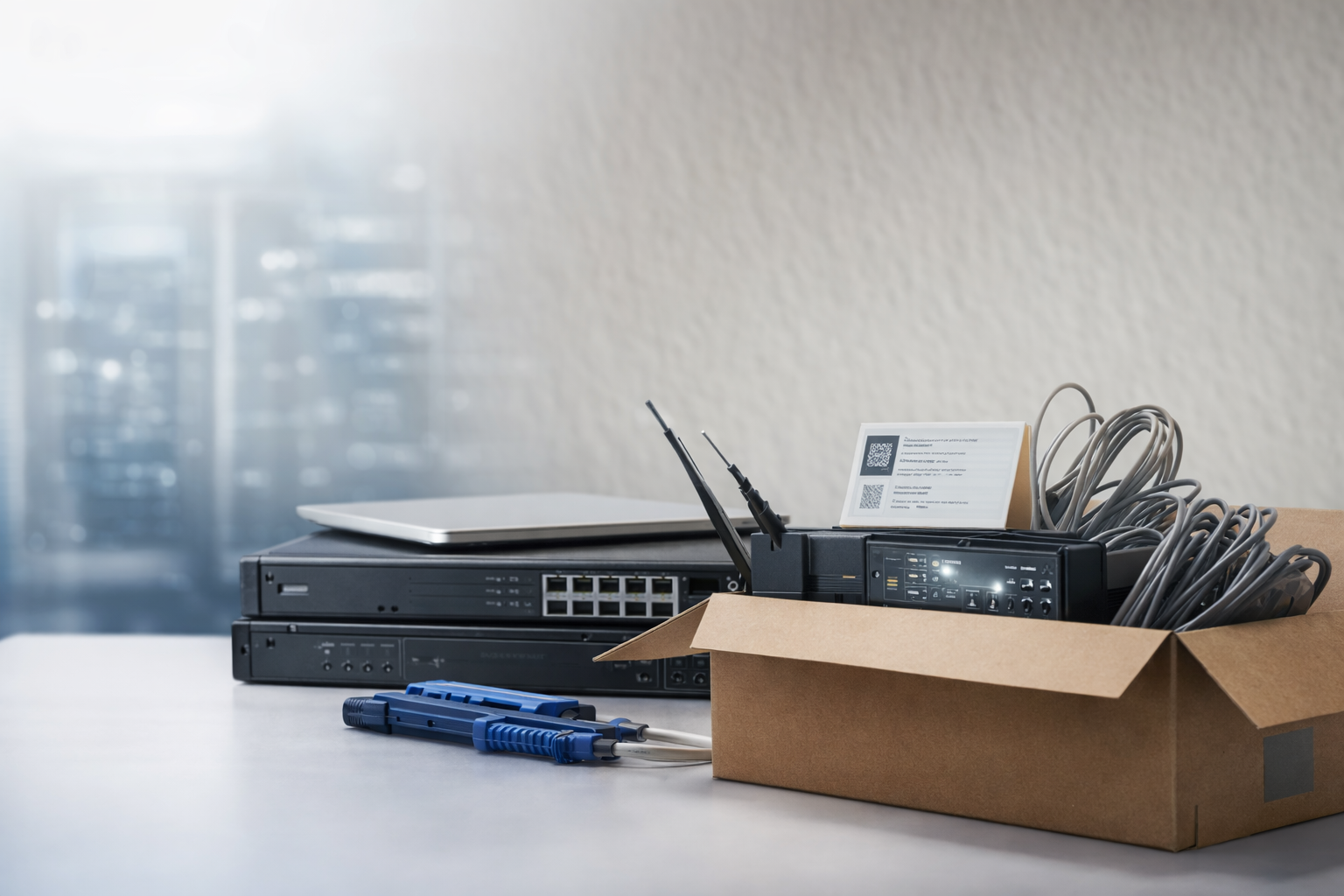 Open cardboard box filled with computer cables, alongside networking equipment, a stack of black network switches, a laptop, a blue Phillips screwdriver, and a business card with QR codes on a white table, with a blurred server room background.