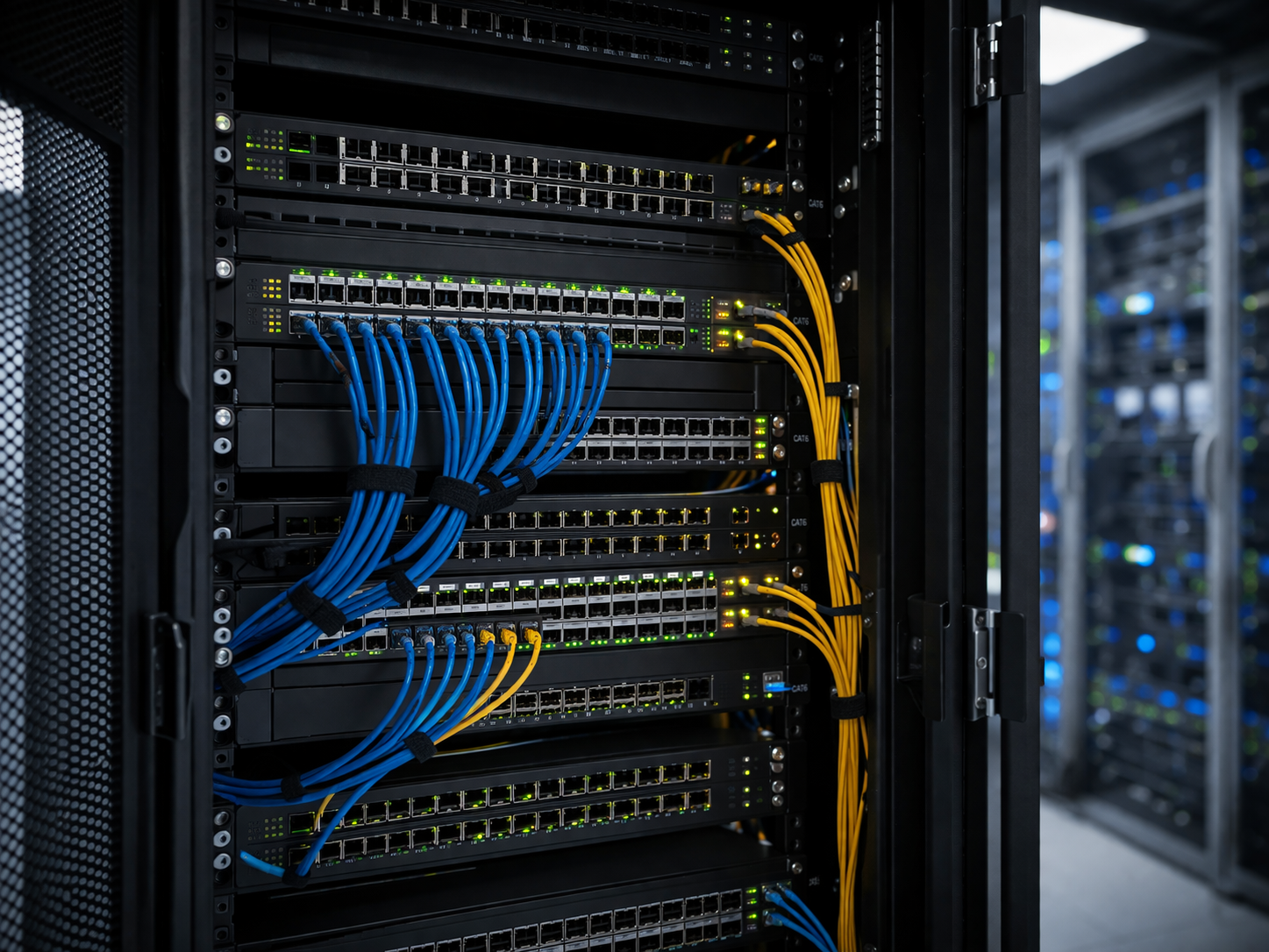 A server rack with network switches and colorful Ethernet cables in a data center.