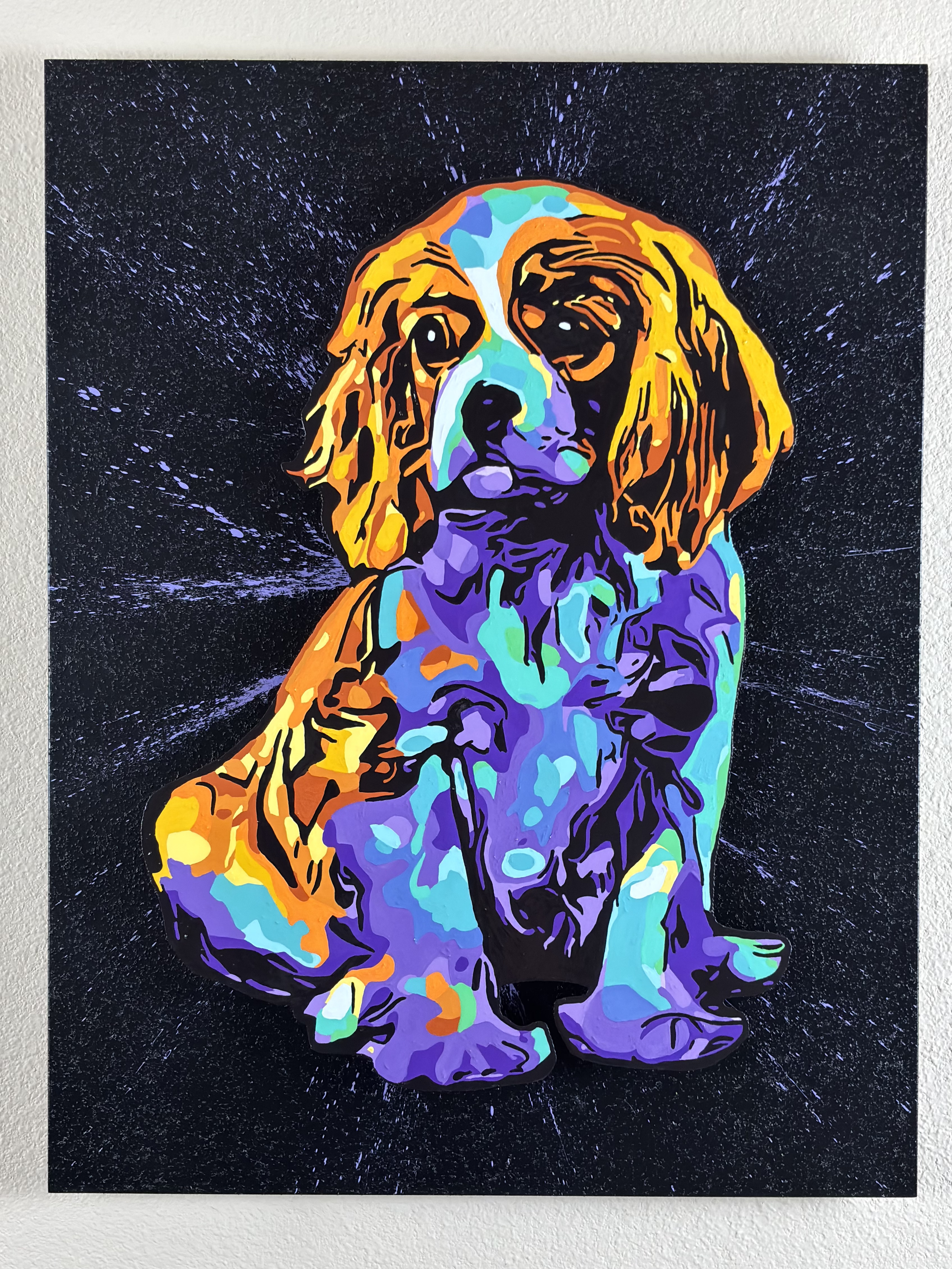 Colorful digital artwork of a seated beagle puppy with a splash background.