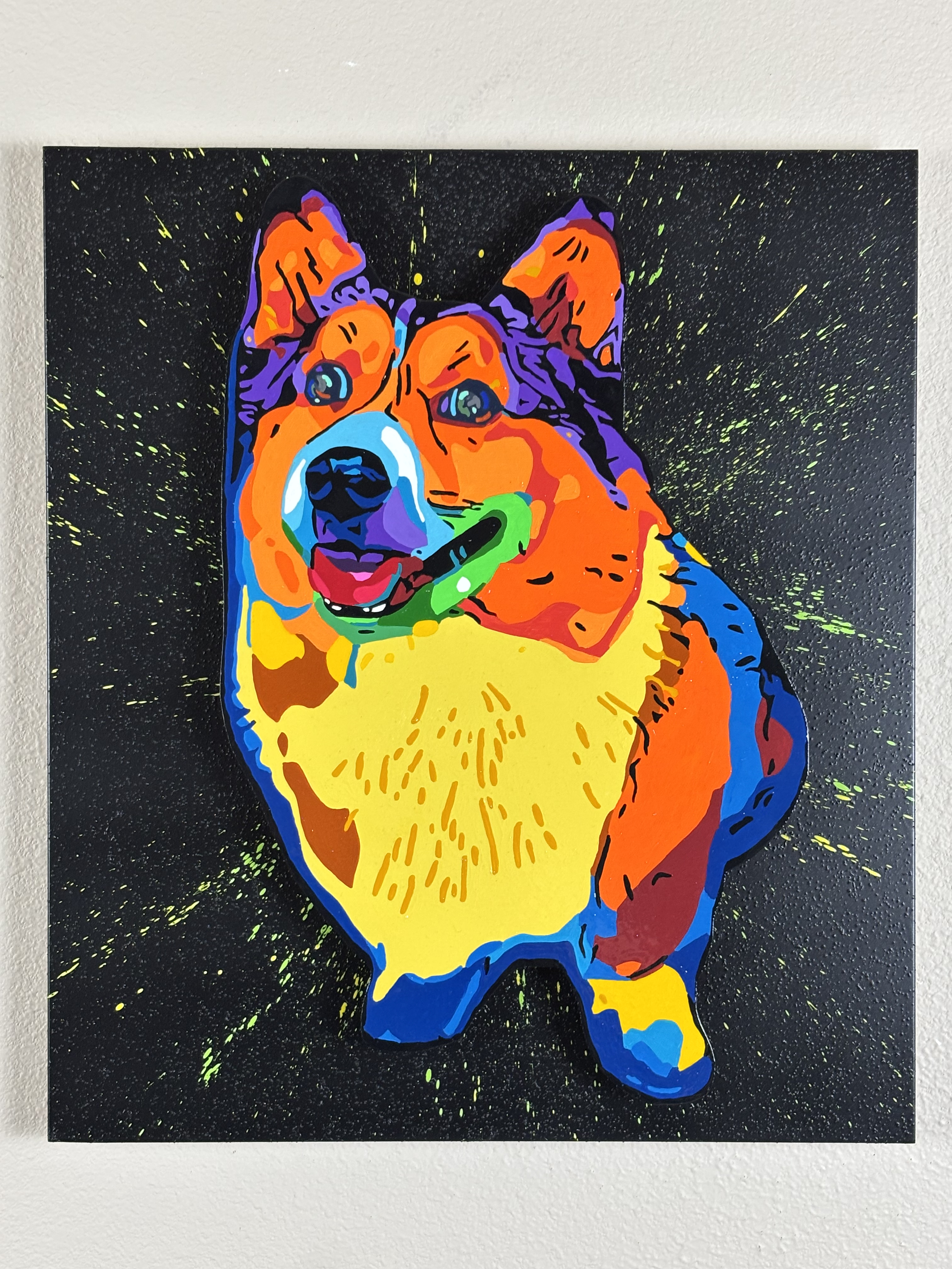 Colorful pop art style painting of a dog with a green bone in its mouth, set against a black background with green splatters.