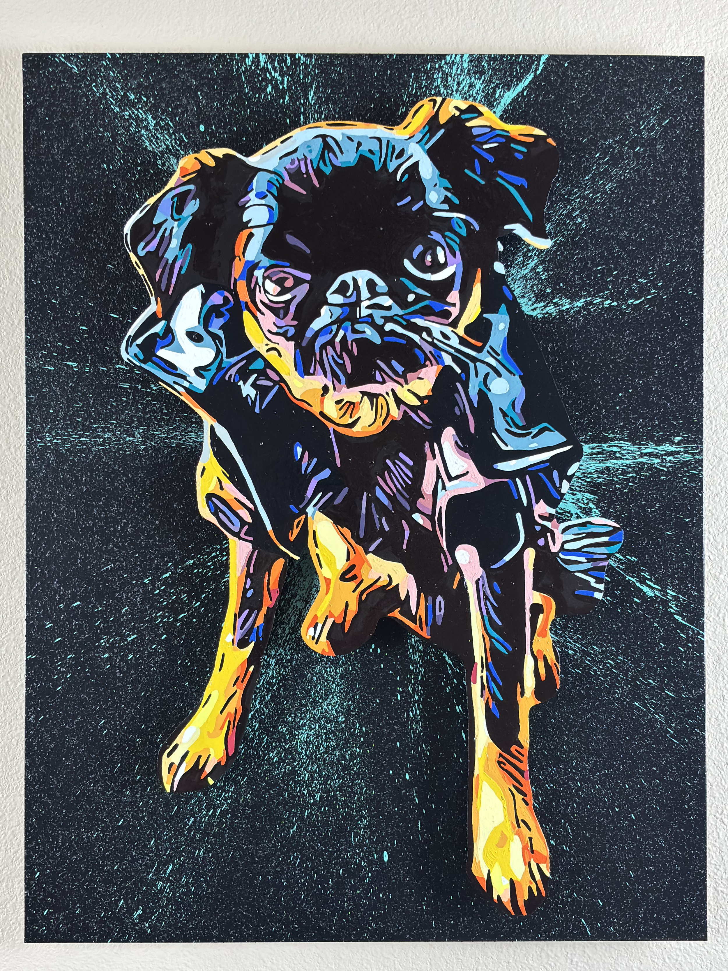 Colorful neon-style painting of a French Bulldog standing against a black background with a starburst pattern.