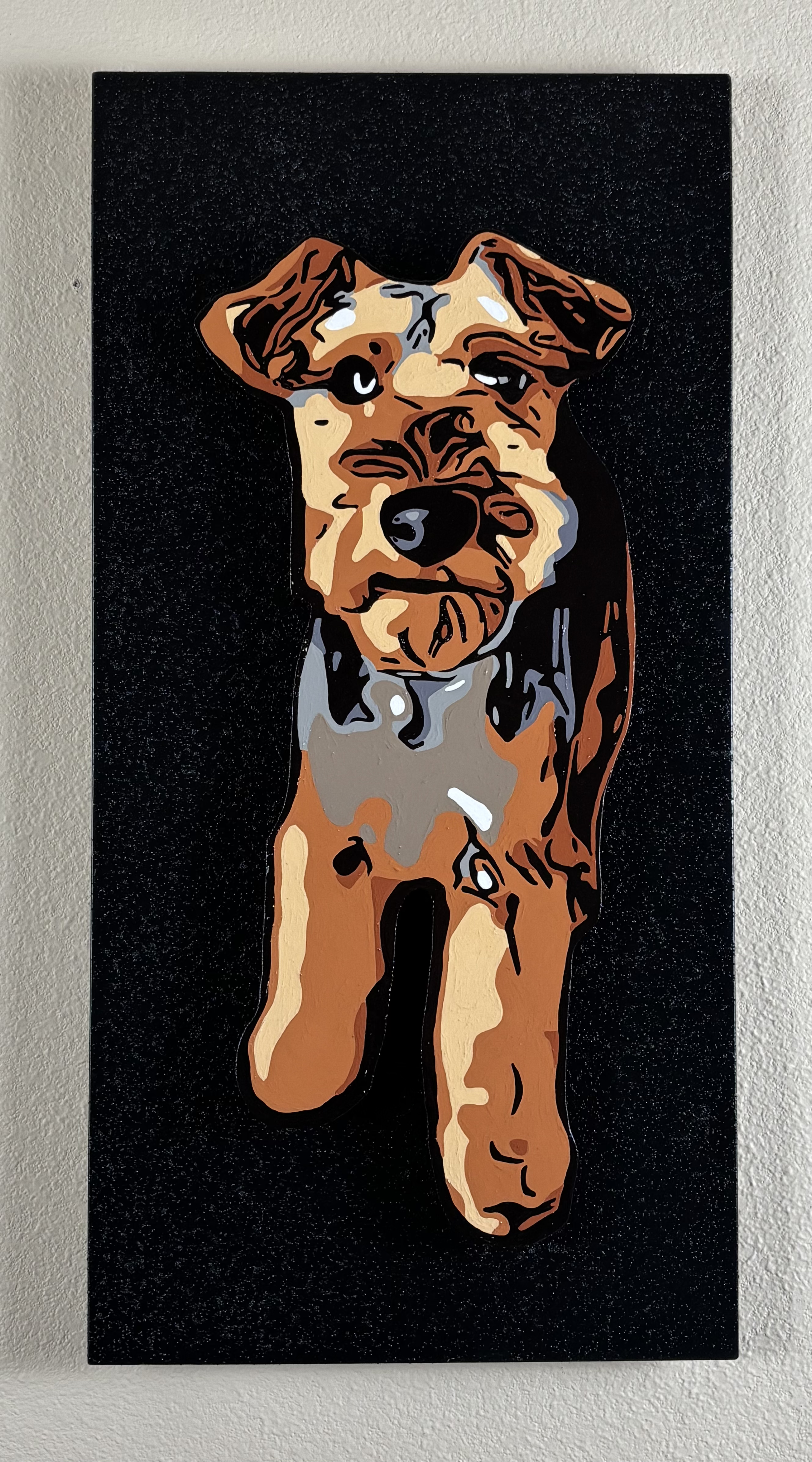 Painted portrait of a dog, likely a Doberman or Rottweiler mix, with a black background.