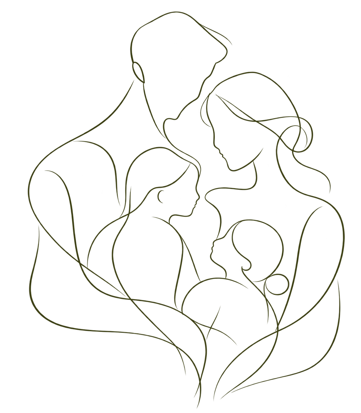 Outline drawing of a family with two parents and two children closely grouped, symbolizing love and family connection.