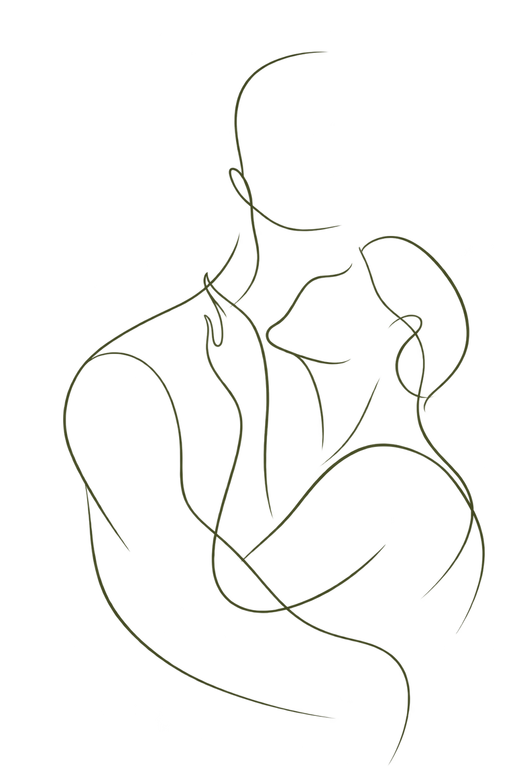Line art illustration of a woman sitting with her knees drawn up, her head resting on her knees, and her arms wrapped around her legs, in a minimalist style with a black background and olive green lines.