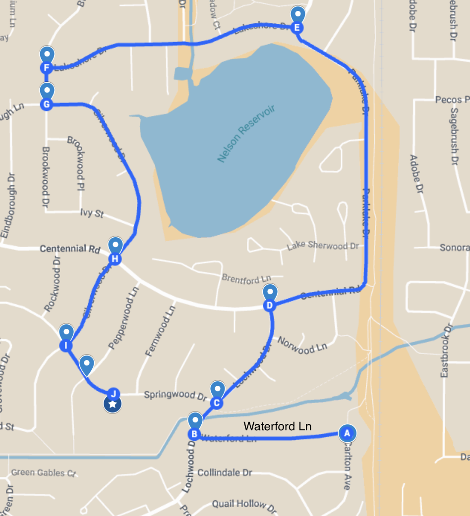 Map of a bike bus route for Shepardson Elementary school in Fort Collins, CO.
