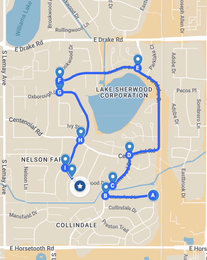 A map showing a walking route around Lake Sherwood, with starting point A on Collindale Drive and ending point F near Brookwood Drive, including landmarks such as Nelson Farm and nearby streets.