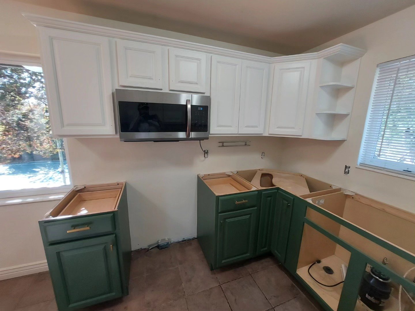 Two tone cabinets after prep and paint,