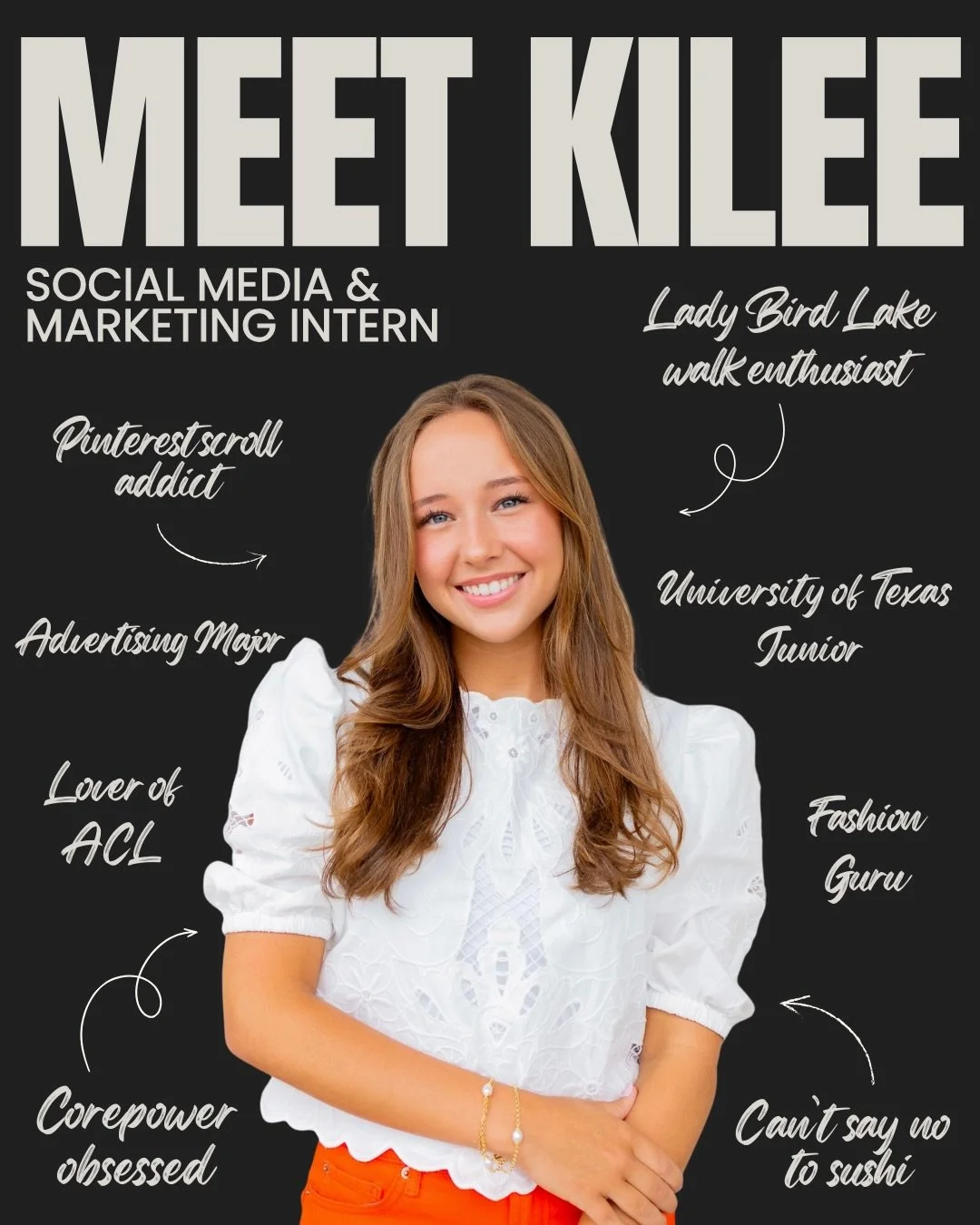 Say HEY to our Spring Interns!!! They are joining the team this semester, and we couldn&rsquo;t be more excited to have them along for the ride! 

Meet Kilee! She&rsquo;s a junior at the University of Texas at Austin majoring in Advertising and is or