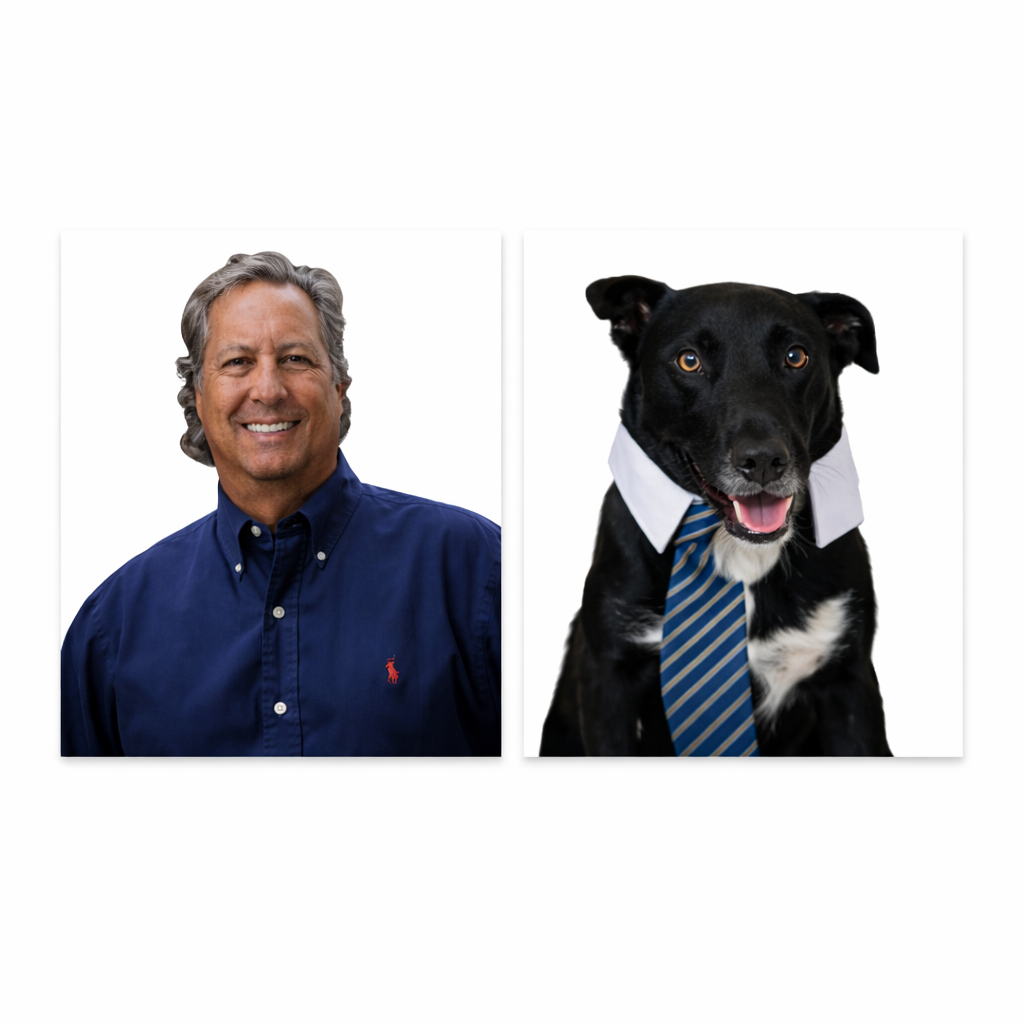 A portrait of a smiling middle-aged man with gray hair wearing a navy blue collared shirt, and a picture of a black dog wearing a white shirt and a blue and gold striped tie.