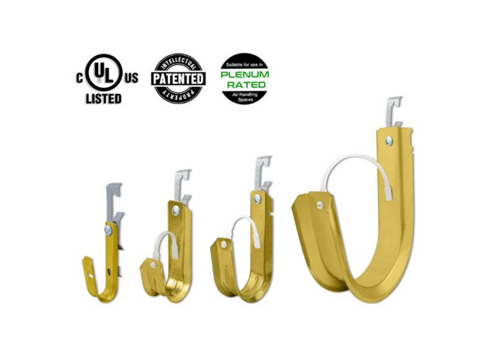 A set of four gold-colored J hooks of varying sizes, displayed against a white background, with certification and patent logos above.