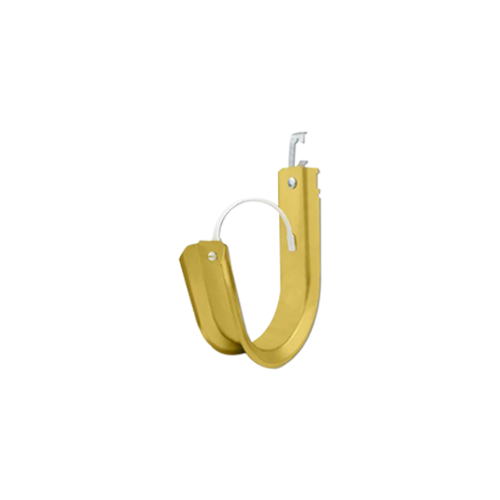 A single gold J hook on a white background