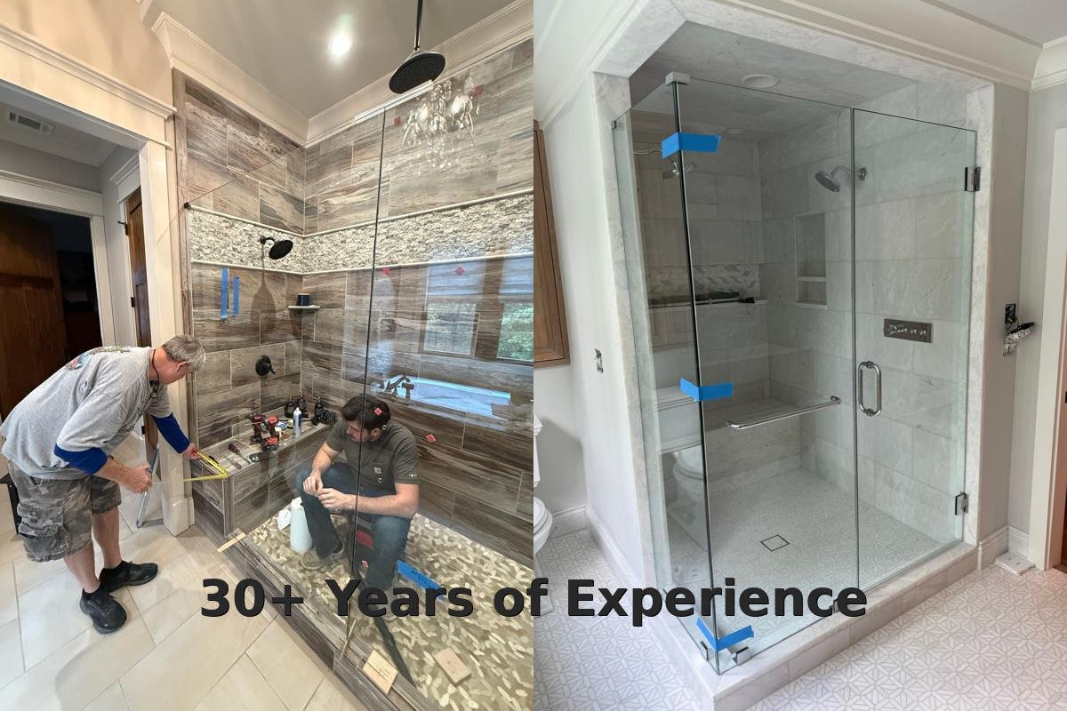 A side-by-side comparison of two shower installation projects, with text overlay stating "30+ Years of Experience".