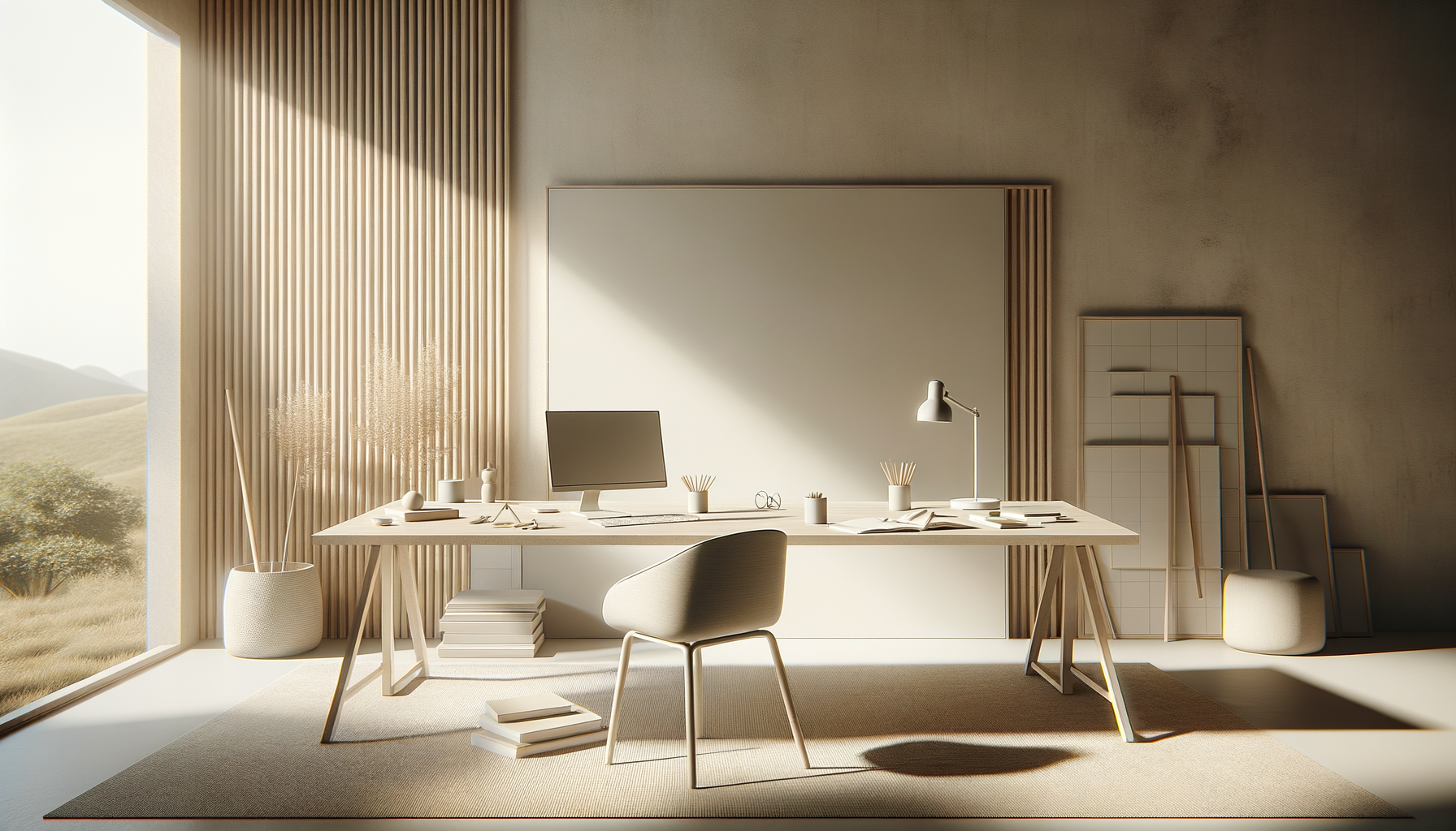 Minimalist home office with a large window overlooking a grassy landscape, a white desk with a computer and office supplies, a comfortable chair, and modern decor in neutral tones.