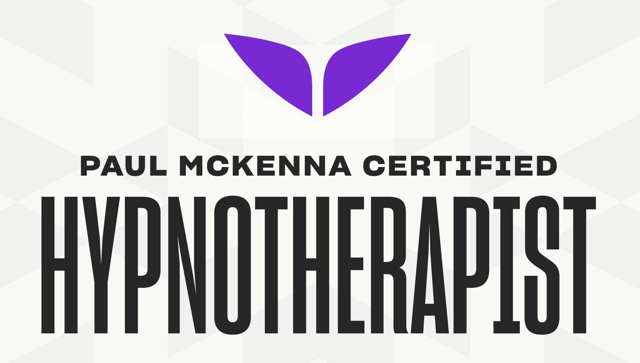 Certified hypnotist certification badge with purple leaf logo and black bold text reading 'Paul McKenna Certified Hypnotist' and large text 'HYPNOTIST'.