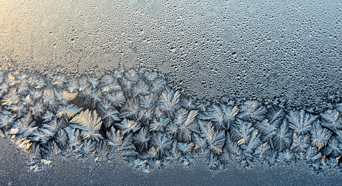 Close-up of frost patterns on a window with ice crystals forming intricate shapes. Meaning behind is energy cleanse as transformation of and with intention.