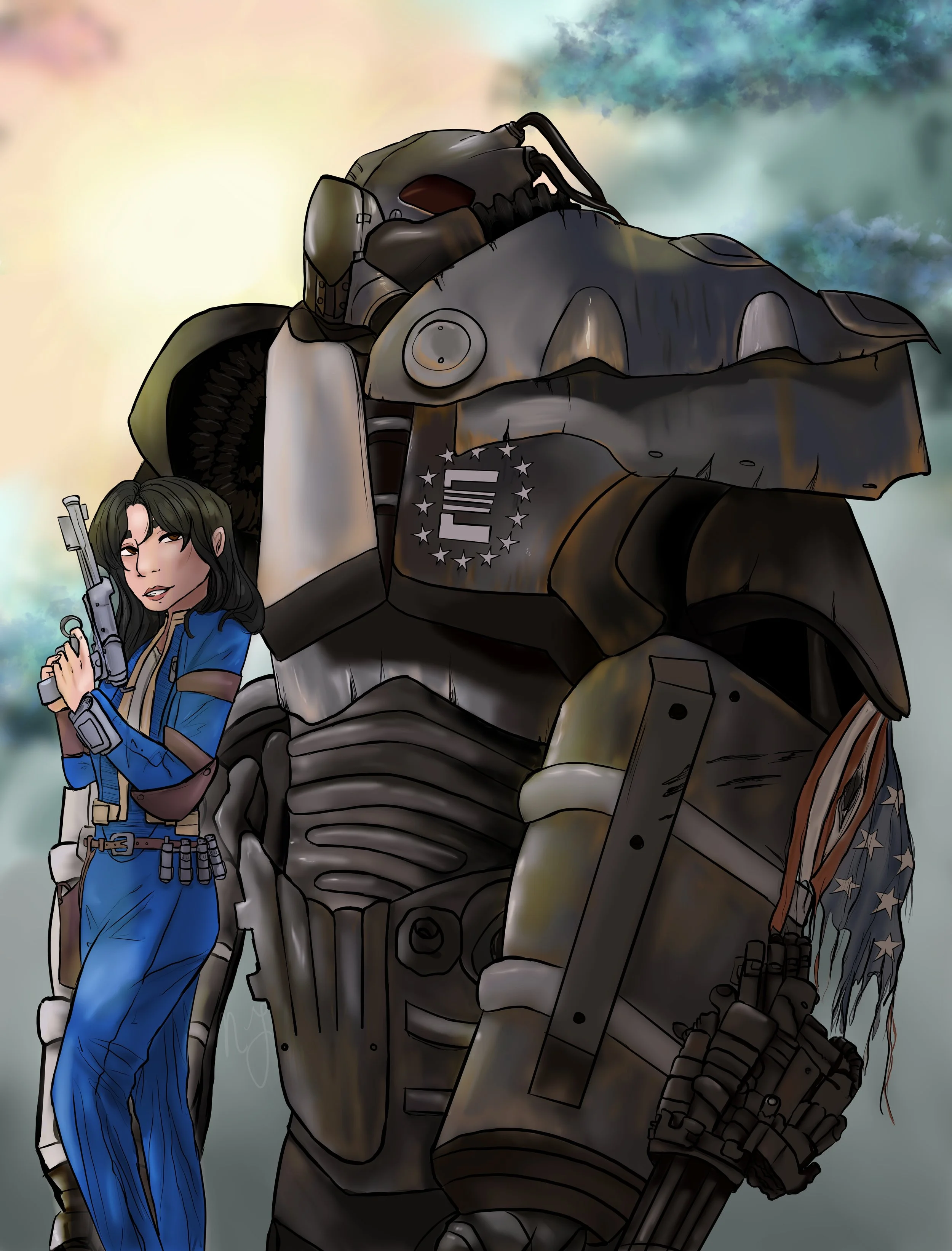 Drawing of Fabians Armor and Anya both members of Pros & Cons Industries