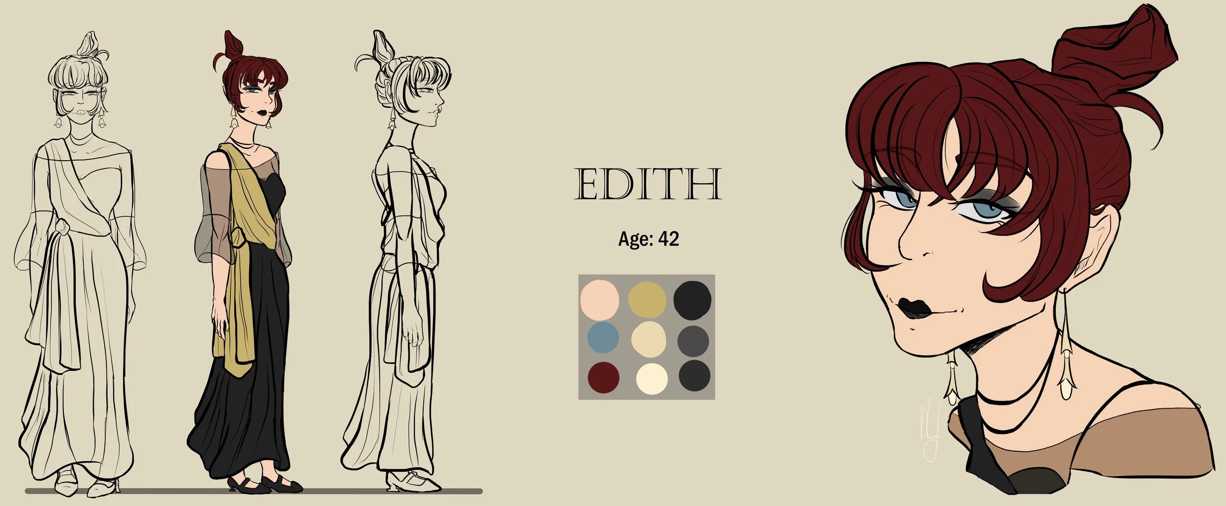 A concept drawing and turnaround of my original character Edith