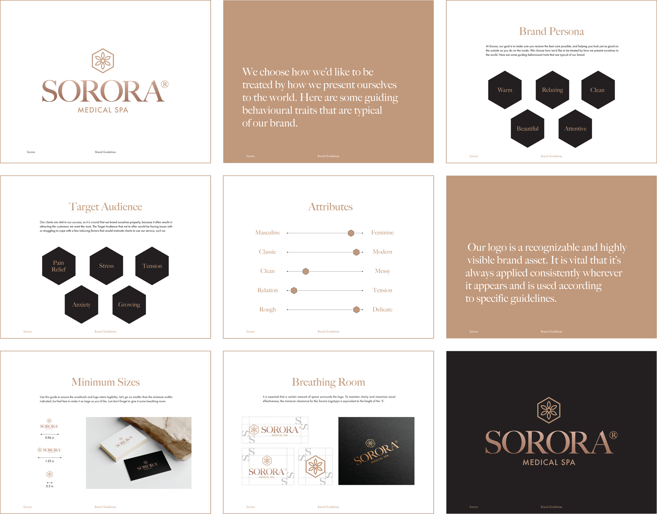 Presentation slides about Sorora Medical Spa with information on brand personality, target audience, attributes, logo, minimum sizes, and breathing room