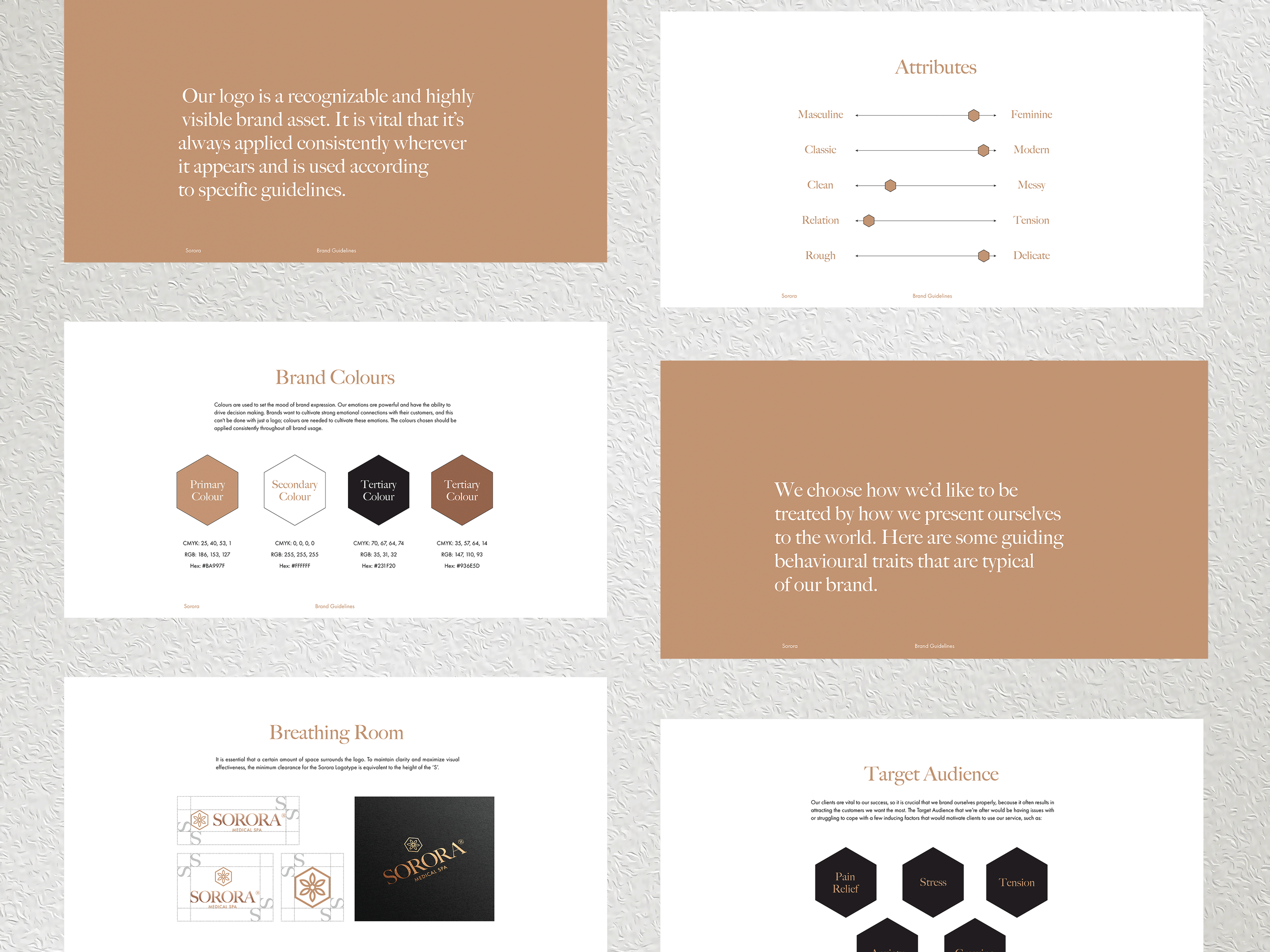 A presentation slide deck with various slides about brand guidelines. The slides include information about logo usage, brand attributes, color palette, behavioral traits, breathing room for logos, and target audience. The color scheme of the slides features earthy tans, black, white, and light gray backgrounds.