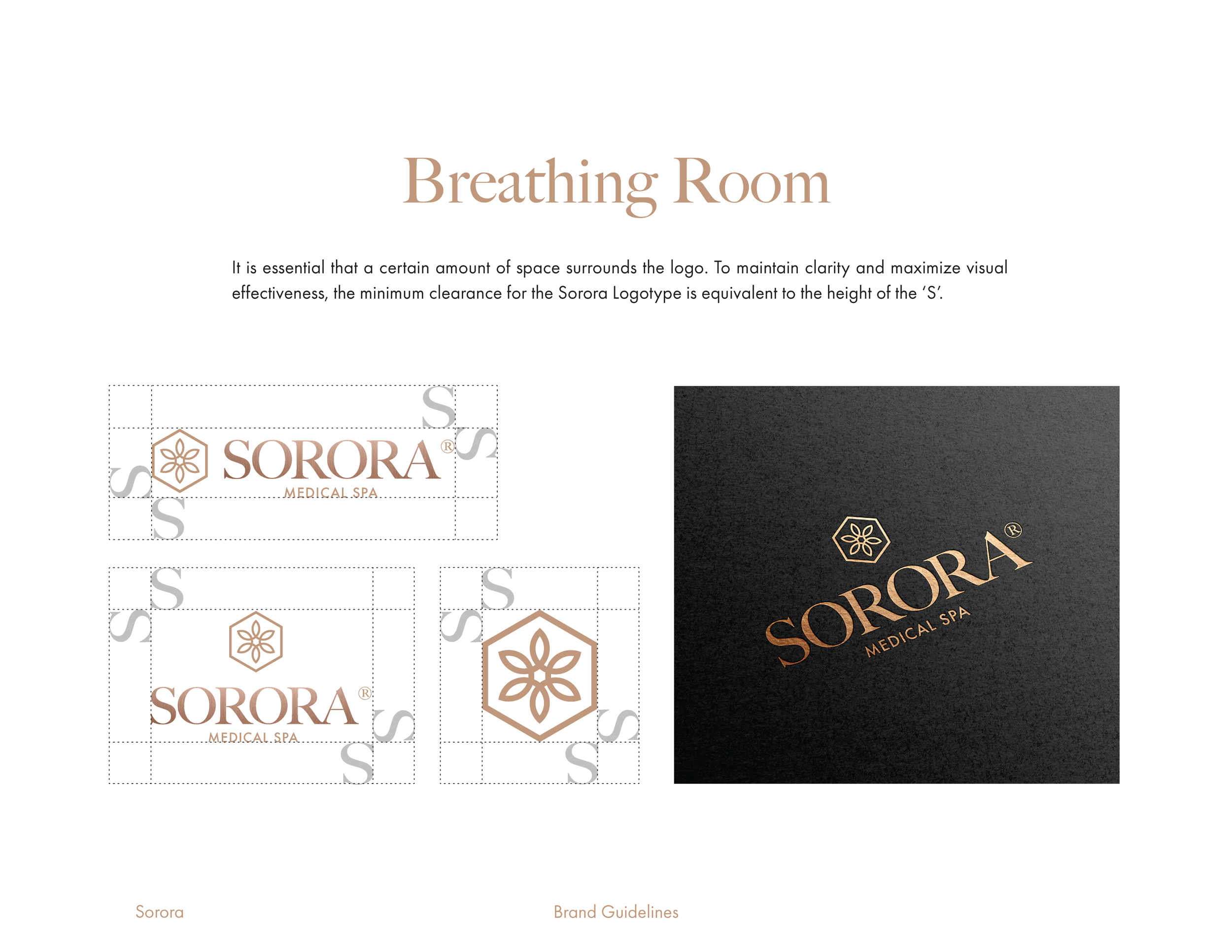 Brand guidelines for Sorora Medical Spa, featuring logo variations and color schemes on a white background with tan and gold accents.