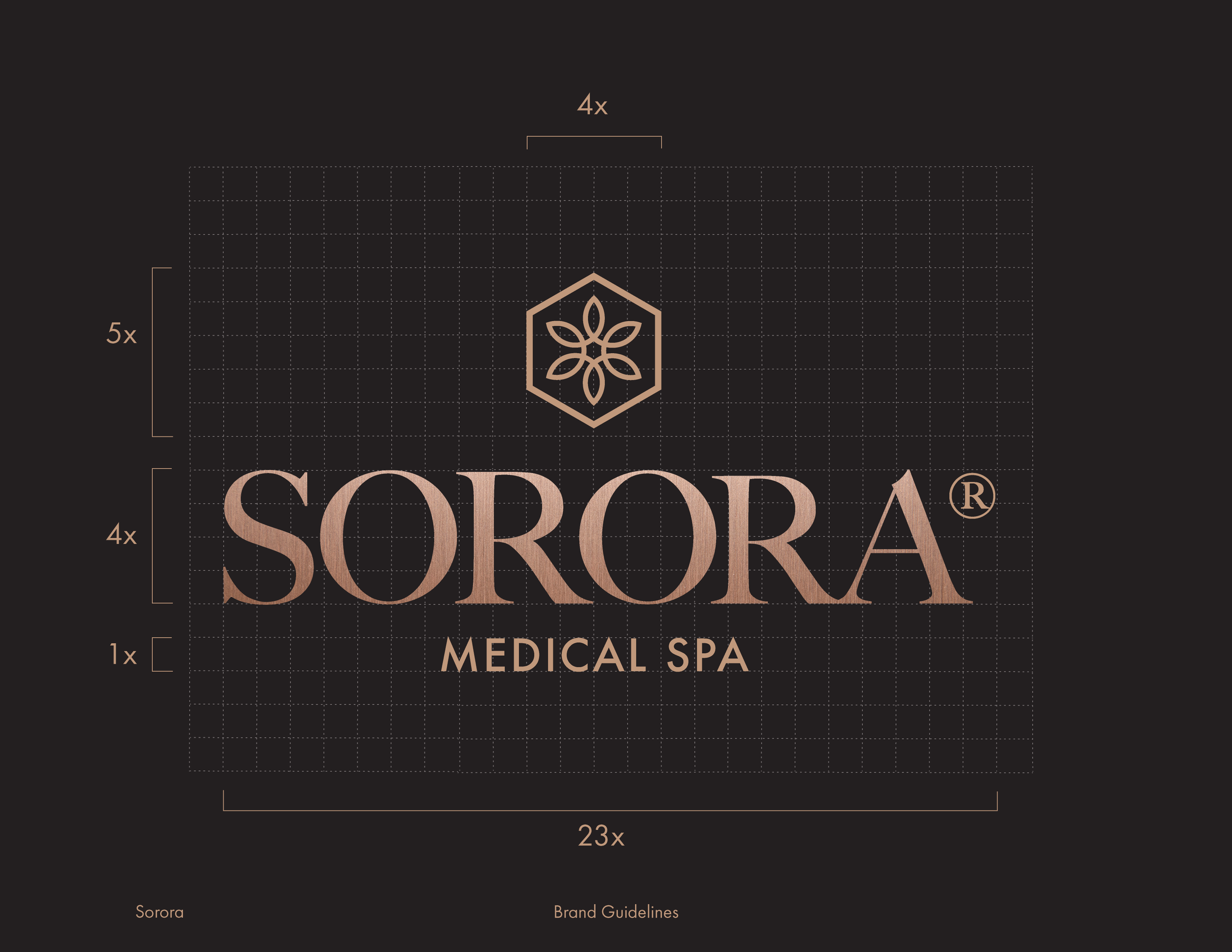 Logo for Sorora Medical Spa featuring a hexagon with a stylized flower symbol above the name 'SORORA' and the words 'MEDICAL SPA' below, with branding guidelines measurements.