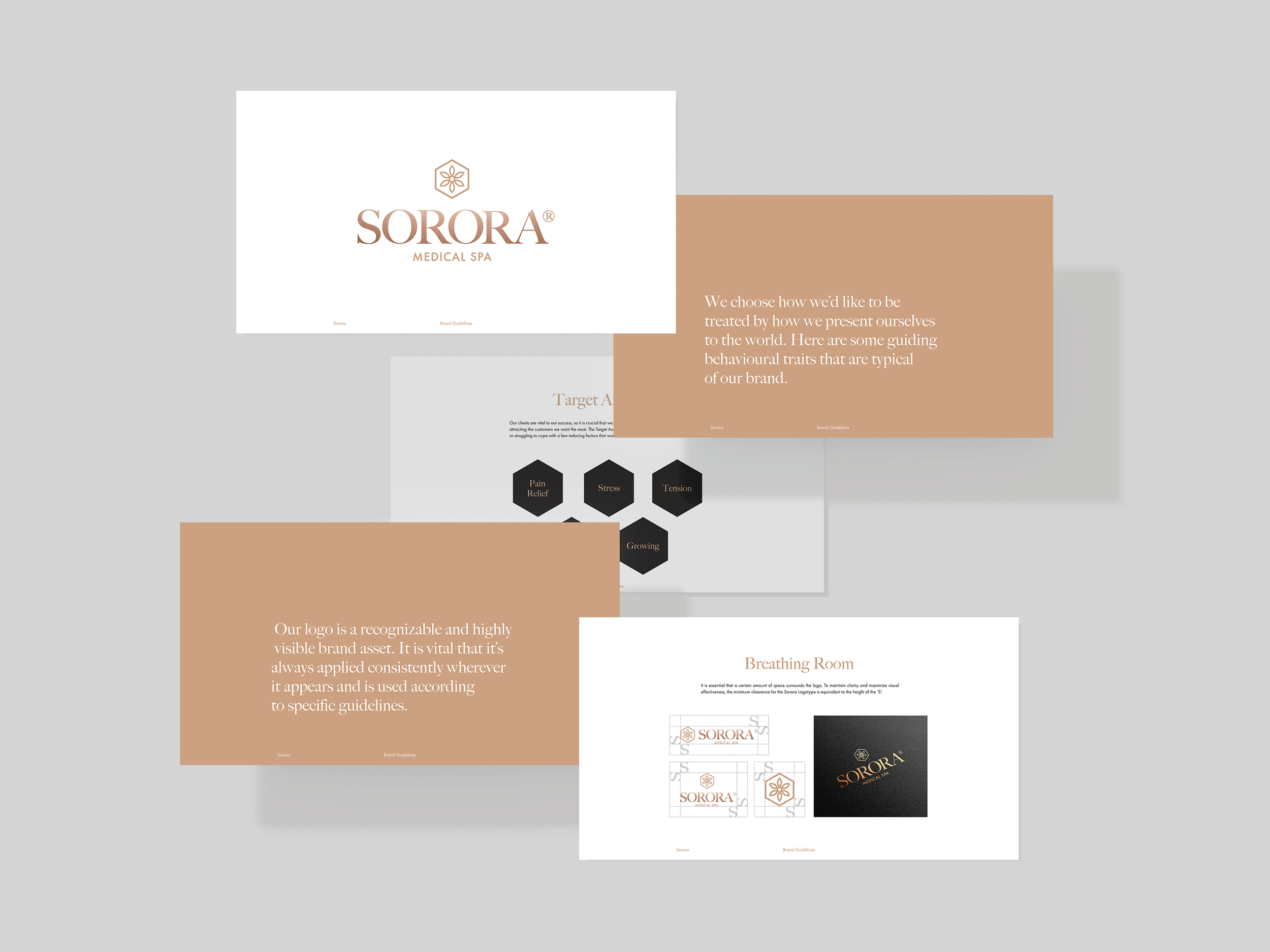 Brand guideline presentation for Sorora Medical Spa, showing logo, brand traits, target audience, emotional attributes, and logo usage on different backgrounds.
