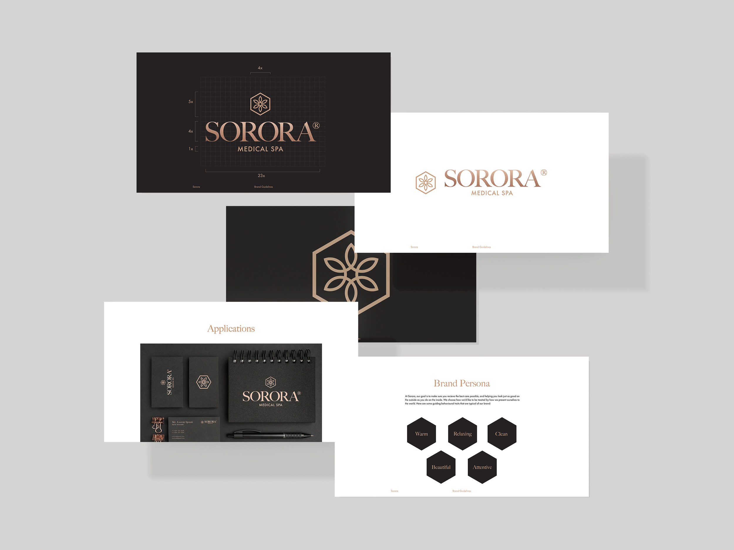 Brand branding presentation for Sorora Medical Spa including logo, business cards, notebooks, and application samples with black, white, and rose gold color scheme.