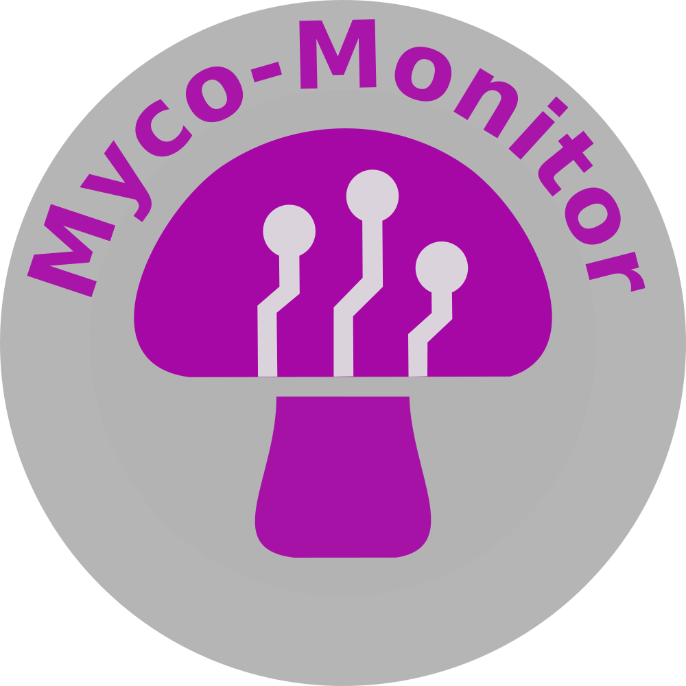 A circular logo with a gray background featuring a purple mushroom icon with circuit-like lines inside it, and the text 'Myco-Monitor' written around the top edge.