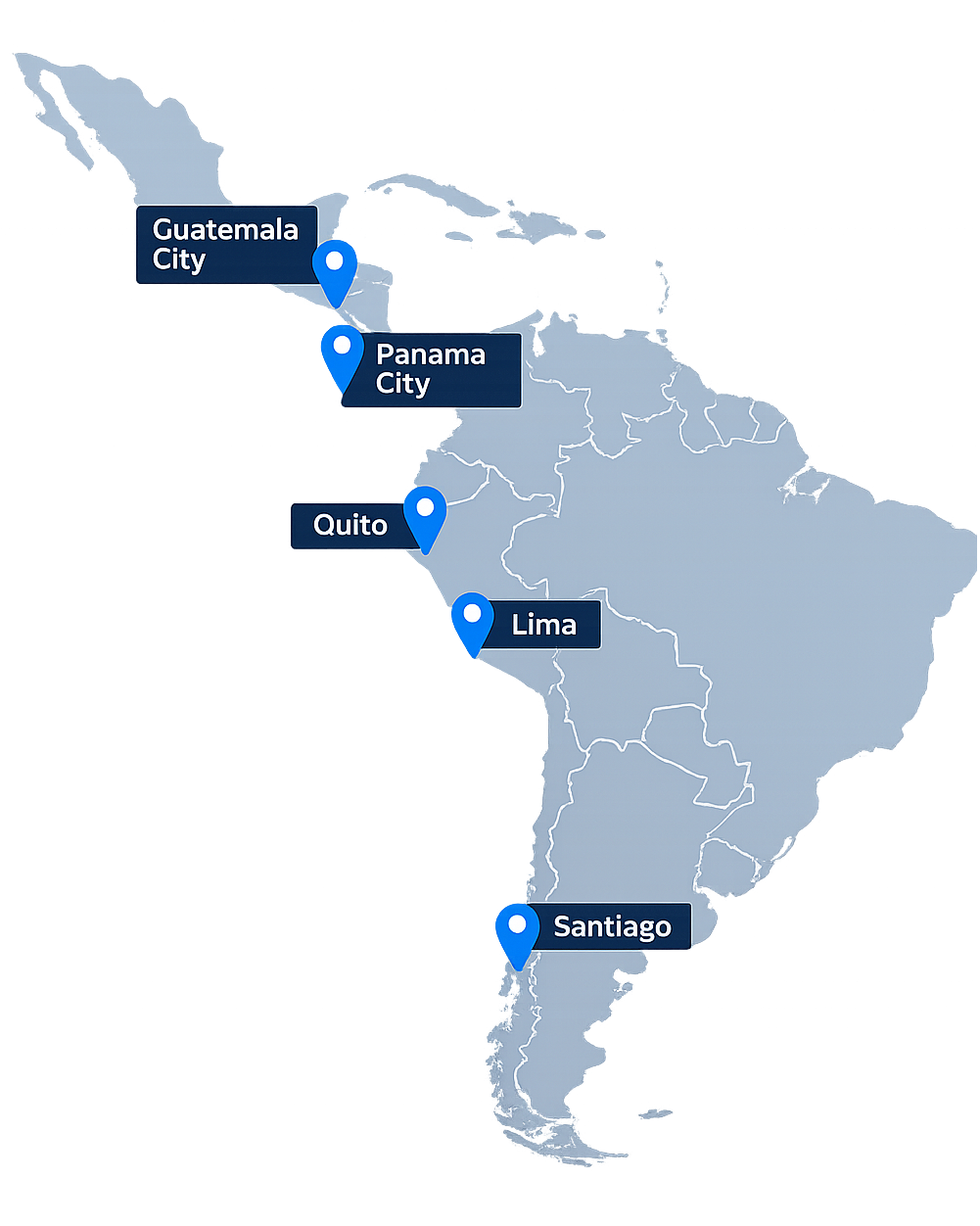 Map of South America highlighting cities: Guatemala City, Panama City, Quito, Lima, Santiago