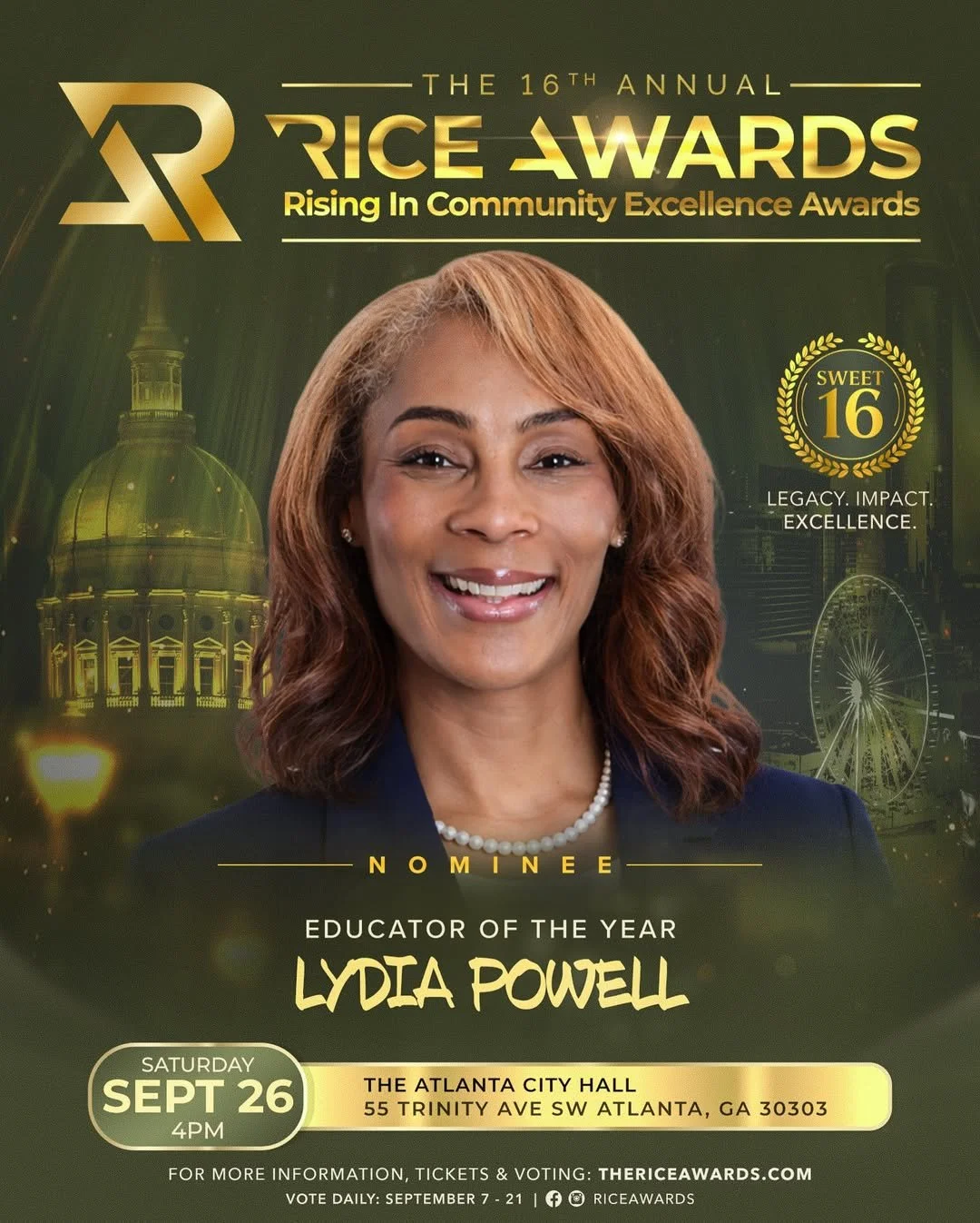 Event poster for the 16th Annual Rice Awards, featuring Lydia Powell as a nominee for Educator of the Year, with event details including date, time, and location in Atlanta, Georgia.