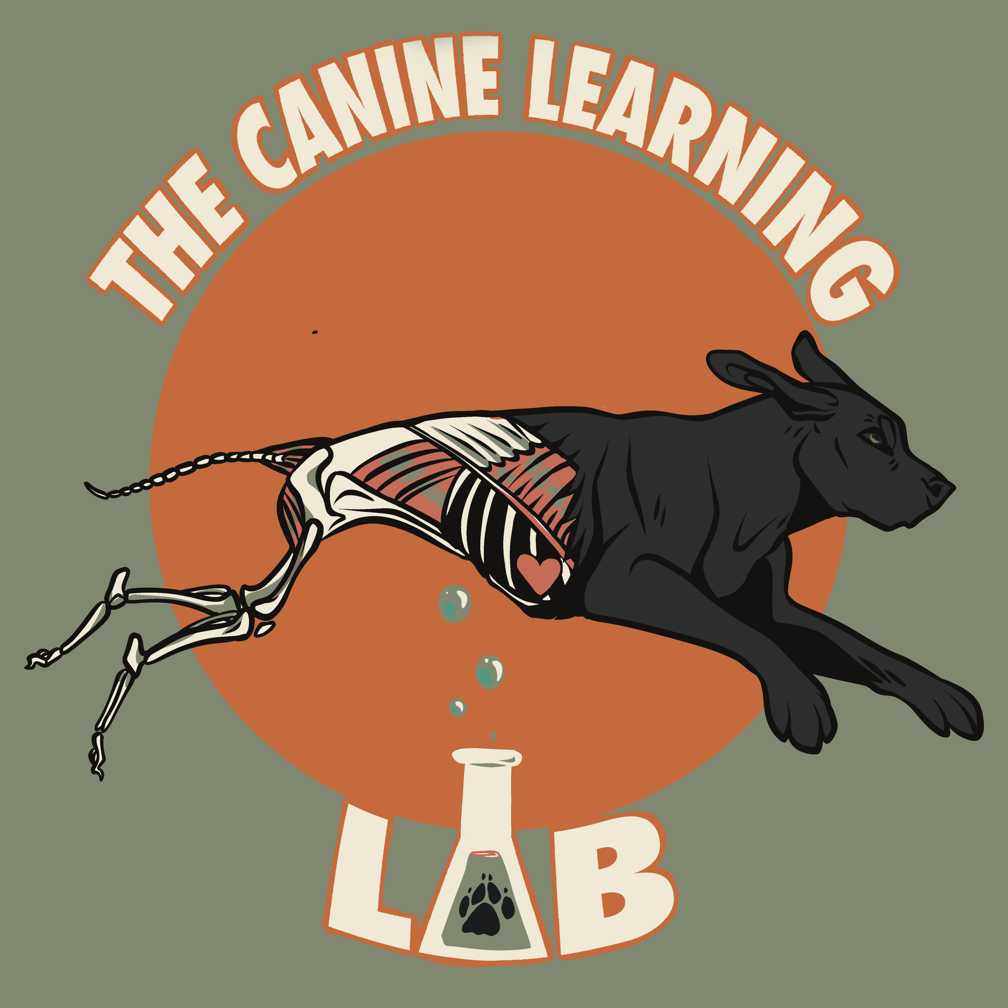 A vintage-style graphic featuring the words "The Canine Learning Lab" arching above an illustration of a black dog holding a light bulb in its mouth, with a background of a stylized orange and green abstract shape and paw prints.